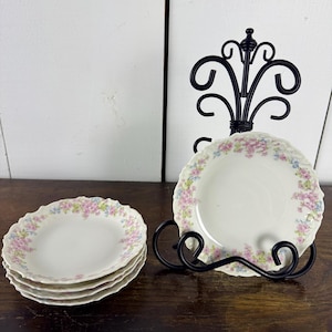 French Antique Porcelain Set of 5 Shallow Bowls with Hand Painted Pink and Blue Florals from Elite Works Limoges