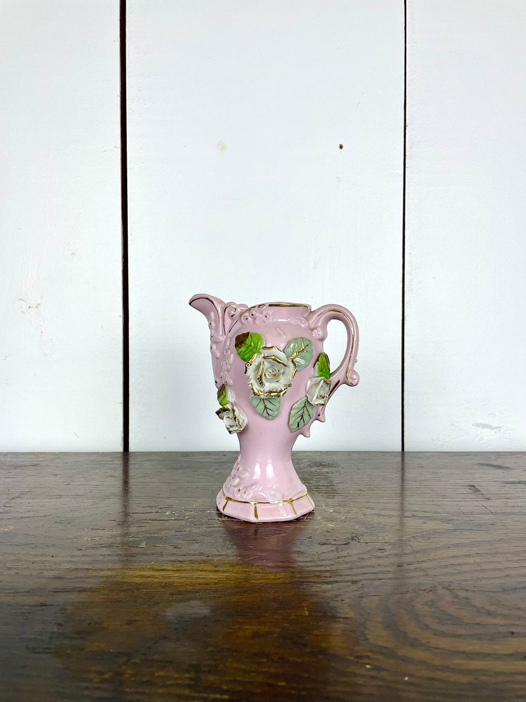 Small Vintage Pink Bud Vase With Applied Florals / Pitcher Vase With 3d ...