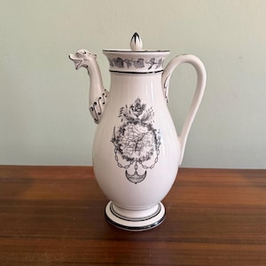 Vintage Reproduction Creil Cream Ware Coffee Pot with Dragon Spout, French Map, Grape Vine and Chandelier Details by Mottahedeh