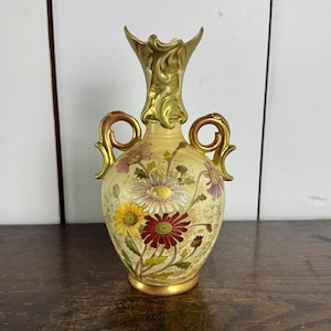 Antique Porcelain Vase with Hand Painted Florals, Gold Details and Double Handles by Robert Hanke Austria 1900s Art Nouveau