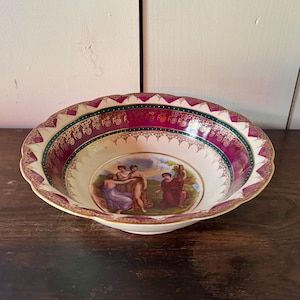 Large Vintage Porcelain Bowl with Angelica Kauffman Classical Transfer Image of Apollo and the Three Graces, Painted Borders