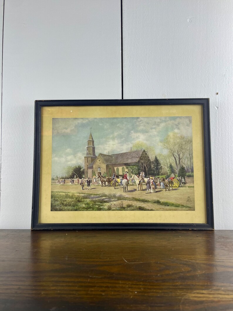 Antique Framed Art Print / Framed Vintage Lithograph of Old Bruton