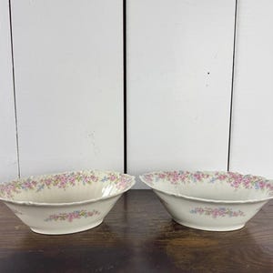 French Antique Porcelain Serving Bowls with Hand Painted Pink and Blue Florals from Elite Works / Oval Vegetable Bowl Pair