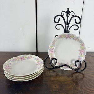French Antique Porcelain Set of 5 Shallow Bowls with Hand Painted Pink and Blue Florals from Elite Works Limoges