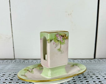 Antique Matchbox Holder by MZ Austria / Decorative Vintage Porcelain Match Box Holder Pink and Green Hand Painted Florals 19th Century