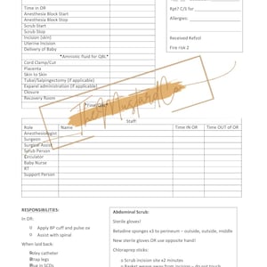 Puede incluir: Una lista de verificación imprimible para un procedimiento quirúrgico, con secciones para preoperatorio, tiempo en quirófano, tiempo de espera, personal y responsabilidades. La lista de verificación incluye una sección para "Líquido amniótico para QBL" y "QBL final".
