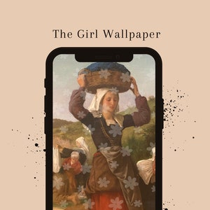 Puede incluir: Una pintura de una mujer que lleva una cesta en la cabeza, caminando por un campo con otras personas. La mujer lleva una cubierta de cabeza blanca y un vestido rojo con un patrón floral. La pintura es de estilo vintage y tiene una paleta de colores cálidos.