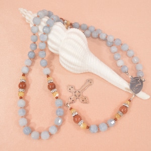 Handmade Catholic Rosary Virgin Mary Rosary Aquamarine Rosary Sunstone Mother of Pearl Handmade Natural Stone Rosary Mary Catholic Gift