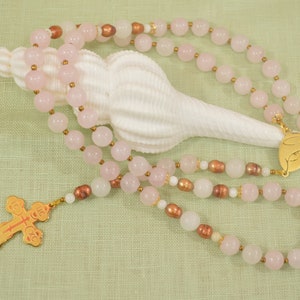 Handmade Catholic Rosary Virgin Mary Rosary Pink Quartz Jade Pearl Rosary Handmade Natural Stone Rosary Virgin Mary Catholic Gift