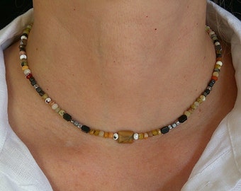 Achat Boho Choker: Hämatit & Sterling Silber Toggle Halskette, 38 cm