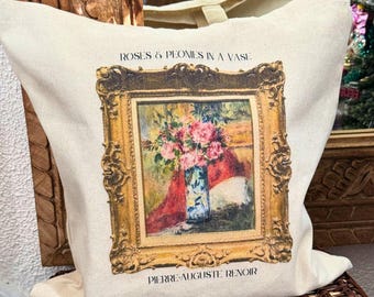 Bolsa de tela con estampado artístico "Rosas y peonías" de Renoir - Lona 100 % algodón