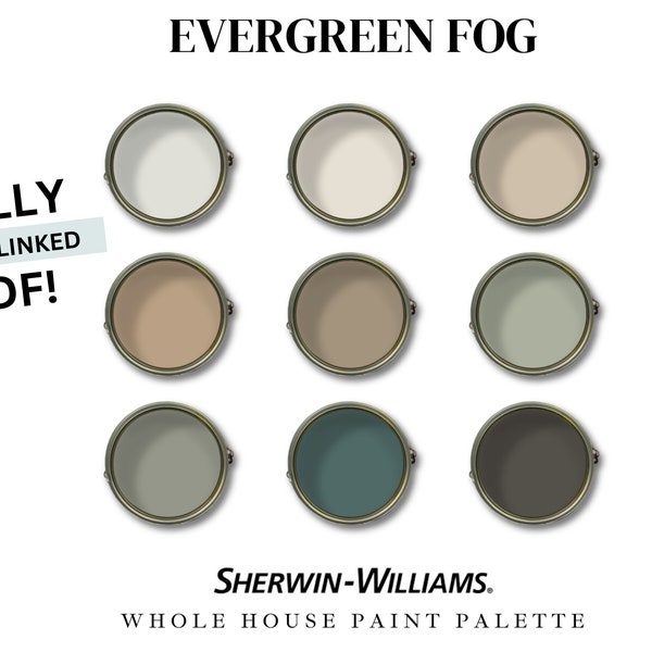 Sherwin Williams Whole House Paint Palette - EVERGREEN FOG Paint - Bestselling Paint Colors - Color Palette