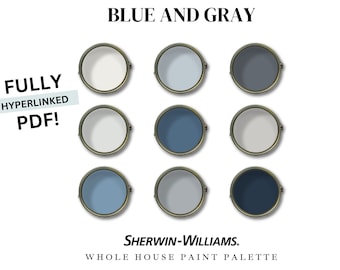 May include: A paint color palette featuring nine paint swatches in shades of blue and gray. The swatches are arranged in three rows of three. The paint colors are labeled "BLUE AND GRAY" and "SHERWIN-WILLIAMS. WHOLE HOUSE PAINT PALETTE".