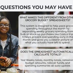 May include: A woman wearing glasses and a denim jacket smiles while holding a phone. Text on the image reads "QUESTIONS YOU MAY HAVE" and answers questions about a grocery budget spreadsheet, including how it helps manage spending.