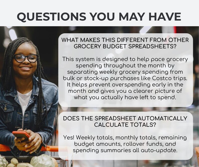 May include: A woman wearing glasses and a denim jacket smiles while holding a phone. Text on the image reads "QUESTIONS YOU MAY HAVE" and answers questions about a grocery budget spreadsheet, including how it helps manage spending.