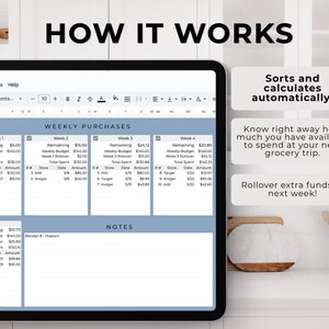 May include: A digital tablet shows a spreadsheet for weekly budgeting, labelled "Weekly Purchases". The screen displays spending, remaining funds, and notes. Text on the right side highlights features such as automatic calculations and rollover funds.