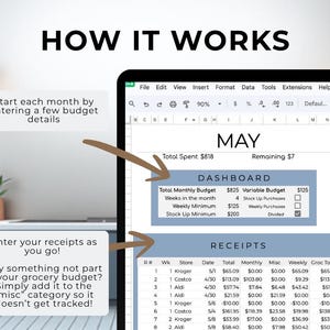 May include: A digital budget planner displayed on a tablet screen. The screen shows a spreadsheet with budget categories, receipts, and the text "HOW IT WORKS." Arrows point to instructions: "Start each month by entering a few budget details" and "Enter your receipts as you go!"