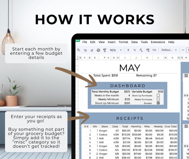 May include: A digital budget planner displayed on a tablet screen. The screen shows a spreadsheet with budget categories, receipts, and the text "HOW IT WORKS." Arrows point to instructions: "Start each month by entering a few budget details" and "Enter your receipts as you go!"