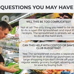 May include: Image of a man in a grocery store looking at produce. Text on the image reads "QUESTIONS YOU MAY HAVE" and answers questions about a spreadsheet for budgeting, including bulk purchases and ease of use.