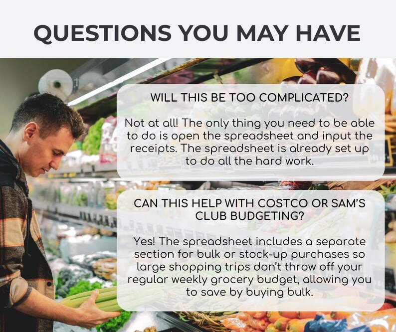 May include: Image of a man in a grocery store looking at produce. Text on the image reads "QUESTIONS YOU MAY HAVE" and answers questions about a spreadsheet for budgeting, including bulk purchases and ease of use.
