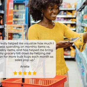 May include: A woman in a yellow sweater shops in a grocery store, holding a tablet and reaching for a product on a shelf. A red shopping basket is in the foreground. Text on a white speech bubble reads, "It really helped me visualize..." with a 5-star rating.