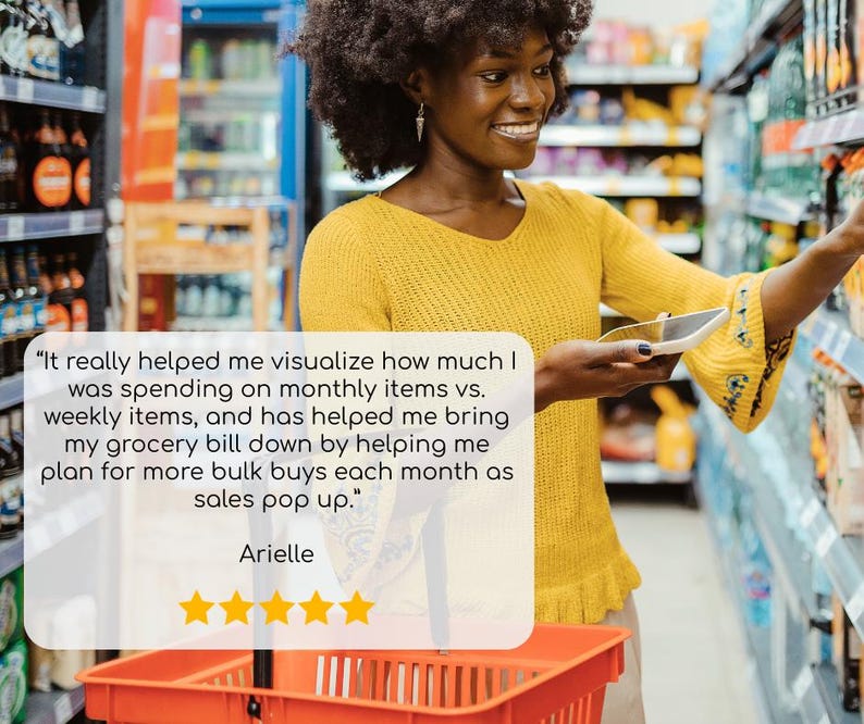 May include: A woman in a yellow sweater shops in a grocery store, holding a tablet and reaching for a product on a shelf. A red shopping basket is in the foreground. Text on a white speech bubble reads, "It really helped me visualize..." with a 5-star rating.