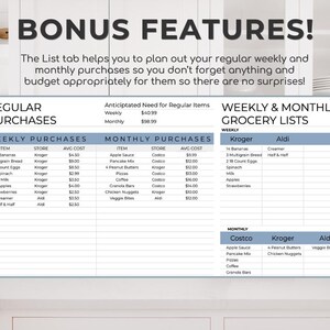 May include: A white and blue grocery list template with the text "BONUS FEATURES!" at the top. The list is divided into sections for weekly and monthly purchases, with columns for items, stores, and average costs. It includes a section for weekly and monthly grocery lists.