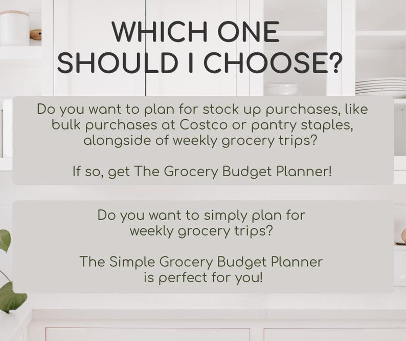 May include: A white background with text asking "WHICH ONE SHOULD I CHOOSE?" Two text boxes below offer options for grocery budget planning: "The Grocery Budget Planner" or "The Simple Grocery Budget Planner."