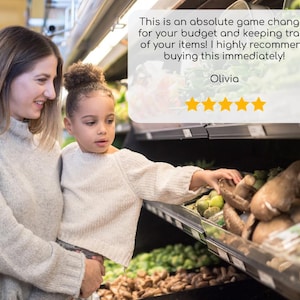 May include: A woman and a young child are in a grocery store, looking at produce. The child reaches for mushrooms on a shelf. A text bubble says, "This is an absolute game changer for your budget..." with a 5-star rating.