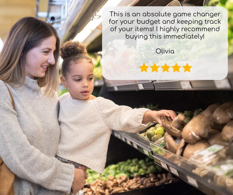 May include: A woman and a young child are in a grocery store, looking at produce. The child reaches for mushrooms on a shelf. A text bubble says, "This is an absolute game changer for your budget..." with a 5-star rating.