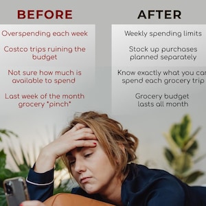 May include: Image comparing financial struggles with solutions. The "BEFORE" section lists overspending, budget issues, and uncertainty. The "AFTER" section suggests weekly limits, planned purchases, and budget management. A person is looking at a phone.