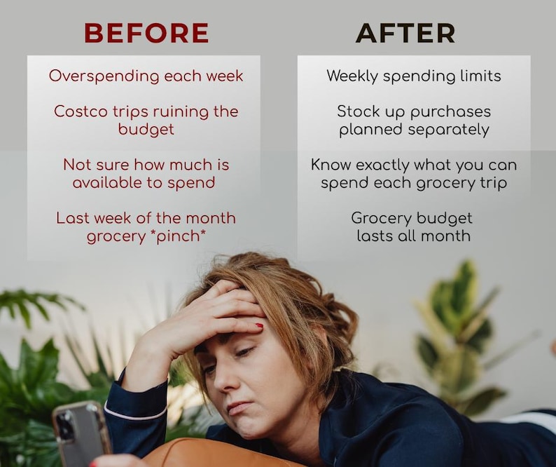 May include: Image comparing financial struggles with solutions. The "BEFORE" section lists overspending, budget issues, and uncertainty. The "AFTER" section suggests weekly limits, planned purchases, and budget management. A person is looking at a phone.
