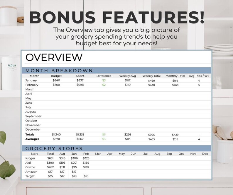 May include: A digital spreadsheet titled "OVERVIEW" with financial data, including monthly breakdowns and grocery store spending. The text "BONUS FEATURES!" is at the top. The spreadsheet shows budget, spent, and difference columns.