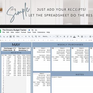 May include: A digital spreadsheet on a tablet screen, titled "The Grocery Budget Tracker." The interface displays budget details, weekly purchases, and receipts. Text reads "It's Simple, Just Add Your Receipts! Let The Spreadsheet Do The Rest."