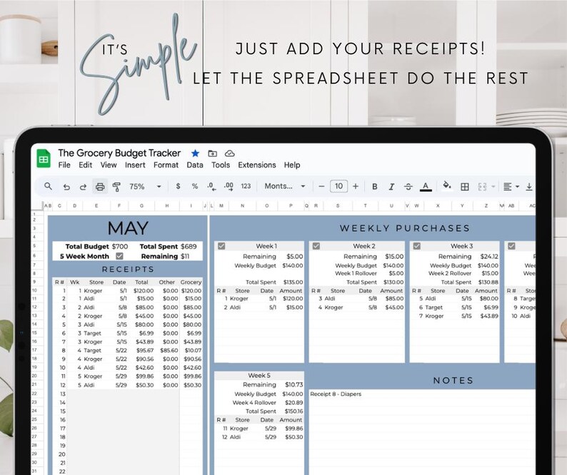 May include: A digital spreadsheet on a tablet screen, titled "The Grocery Budget Tracker." The interface displays budget details, weekly purchases, and receipts. Text reads "It's Simple, Just Add Your Receipts! Let The Spreadsheet Do The Rest."