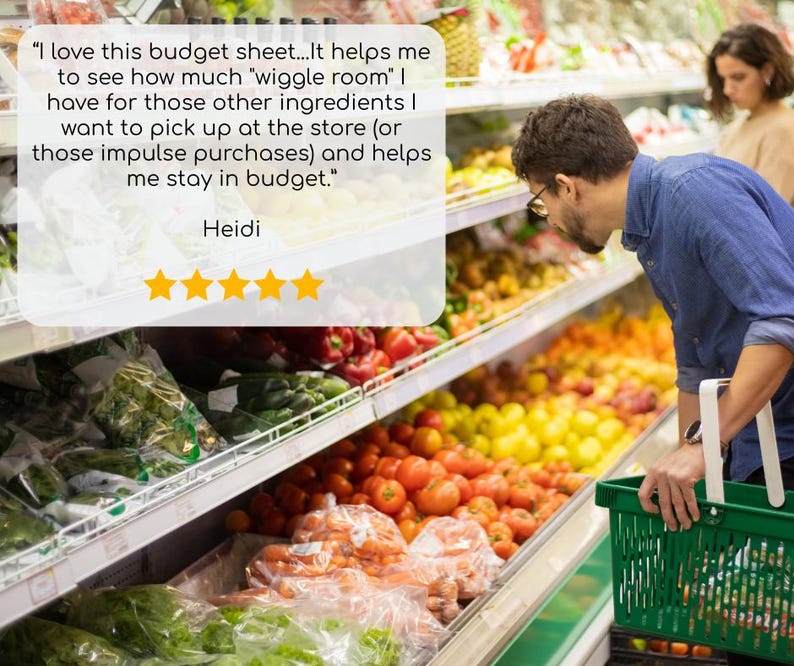 May include: A man in a blue shirt shops in a grocery store, holding a green basket. Shelves are stocked with colorful produce, including tomatoes, peppers, and leafy greens. A customer review is visible in the upper left corner.