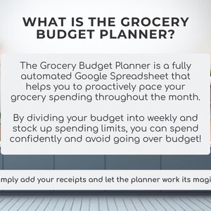 May include: A white graphic with the text "WHAT IS THE GROCERY BUDGET PLANNER?" and descriptive text about a Google Spreadsheet for grocery budgeting. The text explains how to proactively manage grocery spending.