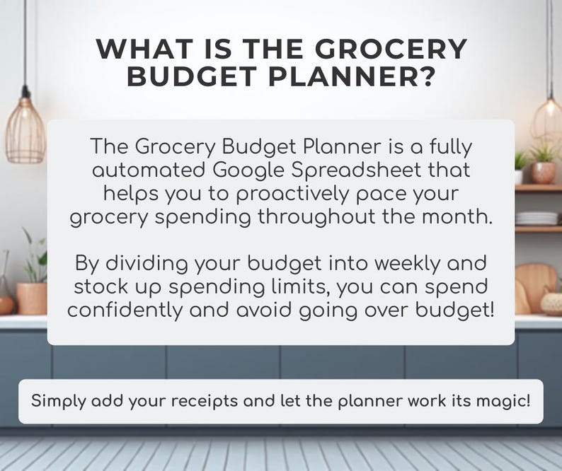 May include: A white graphic with the text "WHAT IS THE GROCERY BUDGET PLANNER?" and descriptive text about a Google Spreadsheet for grocery budgeting. The text explains how to proactively manage grocery spending.