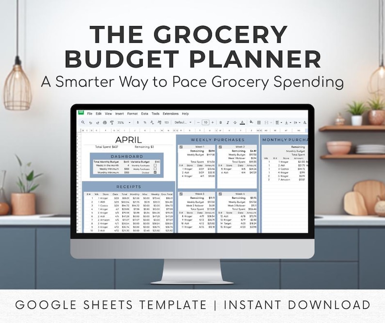 May include: A computer monitor displays a grocery budget planner template. The screen shows a spreadsheet with sections for April, weekly purchases, and monthly purchases. Text at the top reads "THE GROCERY BUDGET PLANNER". The bottom of the screen reads "GOOGLE SHEETS TEMPLATE | INSTANT DOWNLOAD".