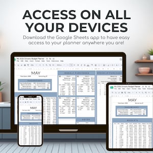 May include: A laptop, smartphone, and tablet display a Google Sheets budget planner. The screens show a dashboard, weekly purchases, and receipts. Text at the top reads "ACCESS ON ALL YOUR DEVICES". The planner is for May 2026.