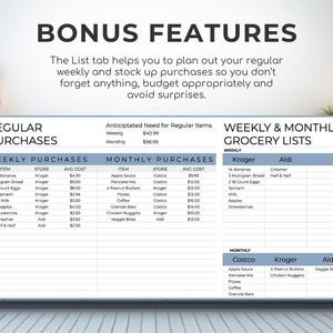 May include: A grocery list template with the words "BONUS FEATURES" at the top. The template includes sections for regular purchases, weekly and monthly grocery lists, and anticipated costs. The text "The List tab helps you to plan out your regular weekly and stock up purchases so you don't forget anything, budget appropriately and avoid surprises."