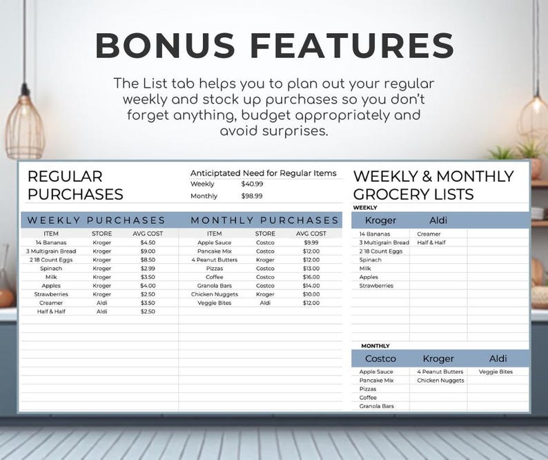 May include: A grocery list template with the words "BONUS FEATURES" at the top. The template includes sections for regular purchases, weekly and monthly grocery lists, and anticipated costs. The text "The List tab helps you to plan out your regular weekly and stock up purchases so you don't forget anything, budget appropriately and avoid surprises."