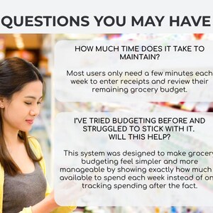 May include: A woman in a yellow cardigan and gray top looks at text bubbles with questions and answers about a grocery budgeting system. The text includes questions about time commitment and sticking to a budget.