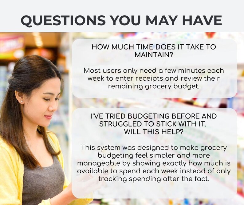 May include: A woman in a yellow cardigan and gray top looks at text bubbles with questions and answers about a grocery budgeting system. The text includes questions about time commitment and sticking to a budget.