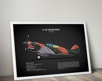 P-40 Warhawk Fighter Aircraft Poster Aviation Art Airplane Wall Decor Vintage Aircraft  Aviation Enthusiast Aircraft Wall Art