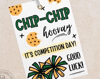 Cheer Dance Competition Cookie Tag, Chip Chip Hooray Good Luck Green & Yellow Treat Tags
