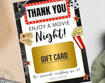 Movie Theater Gift Card Holder Template, Printable Enjoy a Movie Night Personalized Appreciation Tag