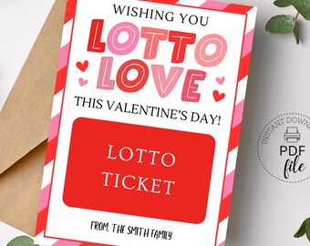 印刷可能なバレンタインデー宝くじチケットホルダー、LOTTOラブカード、教師スタッフへの感謝の気持ちを込めた5インチ×7インチのタグ、PDFの即時ダウンロード