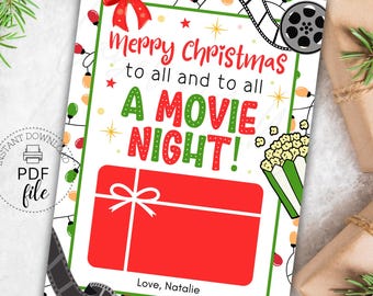 Christmas Movie Theater Gift Card Holder Template, Enjoy a Movie Night Printable Appreciation Tag