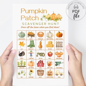 Puede incluir: Un juego imprimible de búsqueda del tesoro de Pumpkin Patch con ilustraciones de calabazas, un carro y otros elementos temáticos de otoño. El texto dice "Pumpkin Patch Scavenger Hunt". Incluye un archivo PDF.